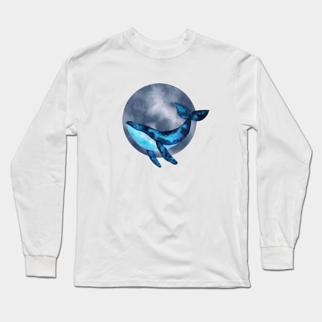 Cute watercolor space blue whale illustration with blue moon bubble Long Sleeve T-Shirt by Ieva Li ART